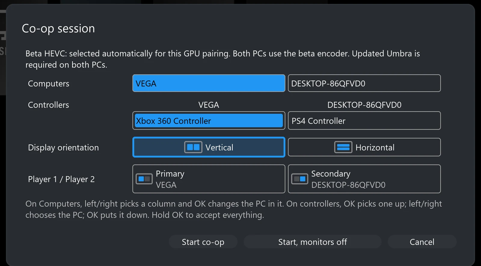 Co-op session dialog listing an Xbox 360 Controller under VEGA and a PS4 Controller under the second PC.