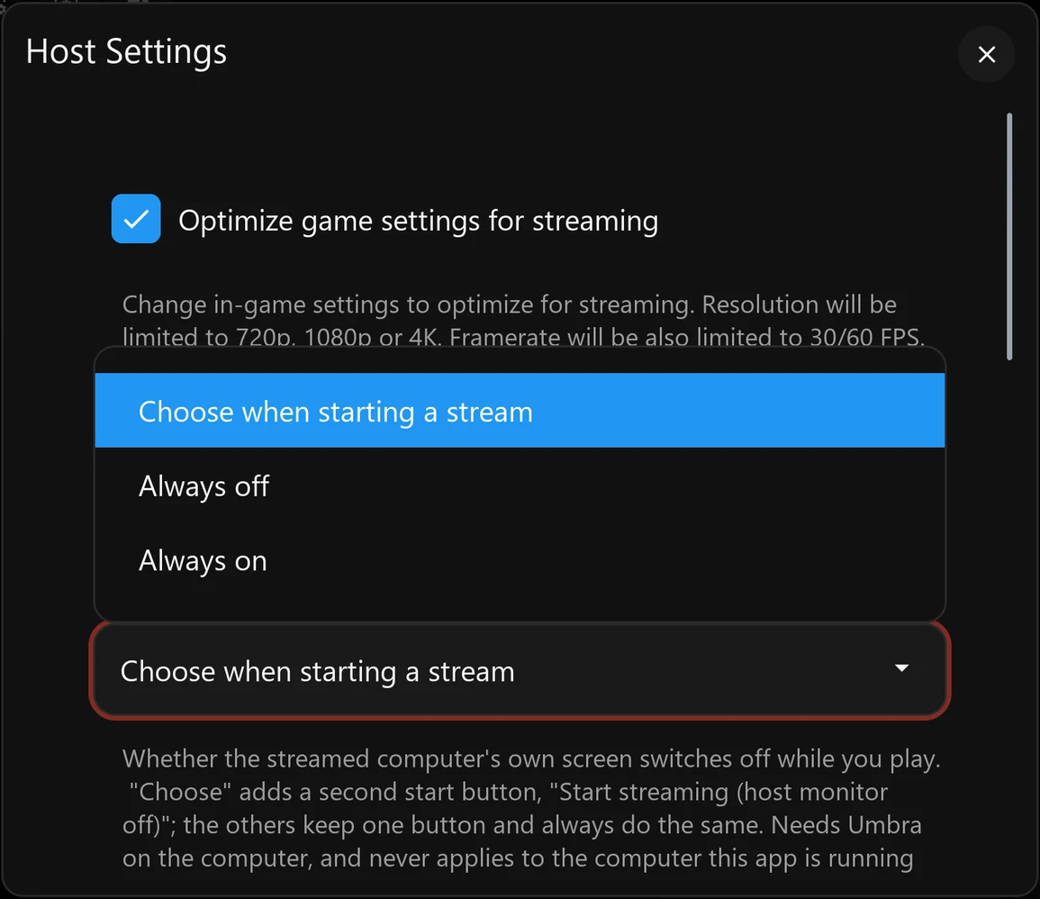 Eclipse Host Settings with the monitor choices open: Choose when starting a stream, Always off and Always on.