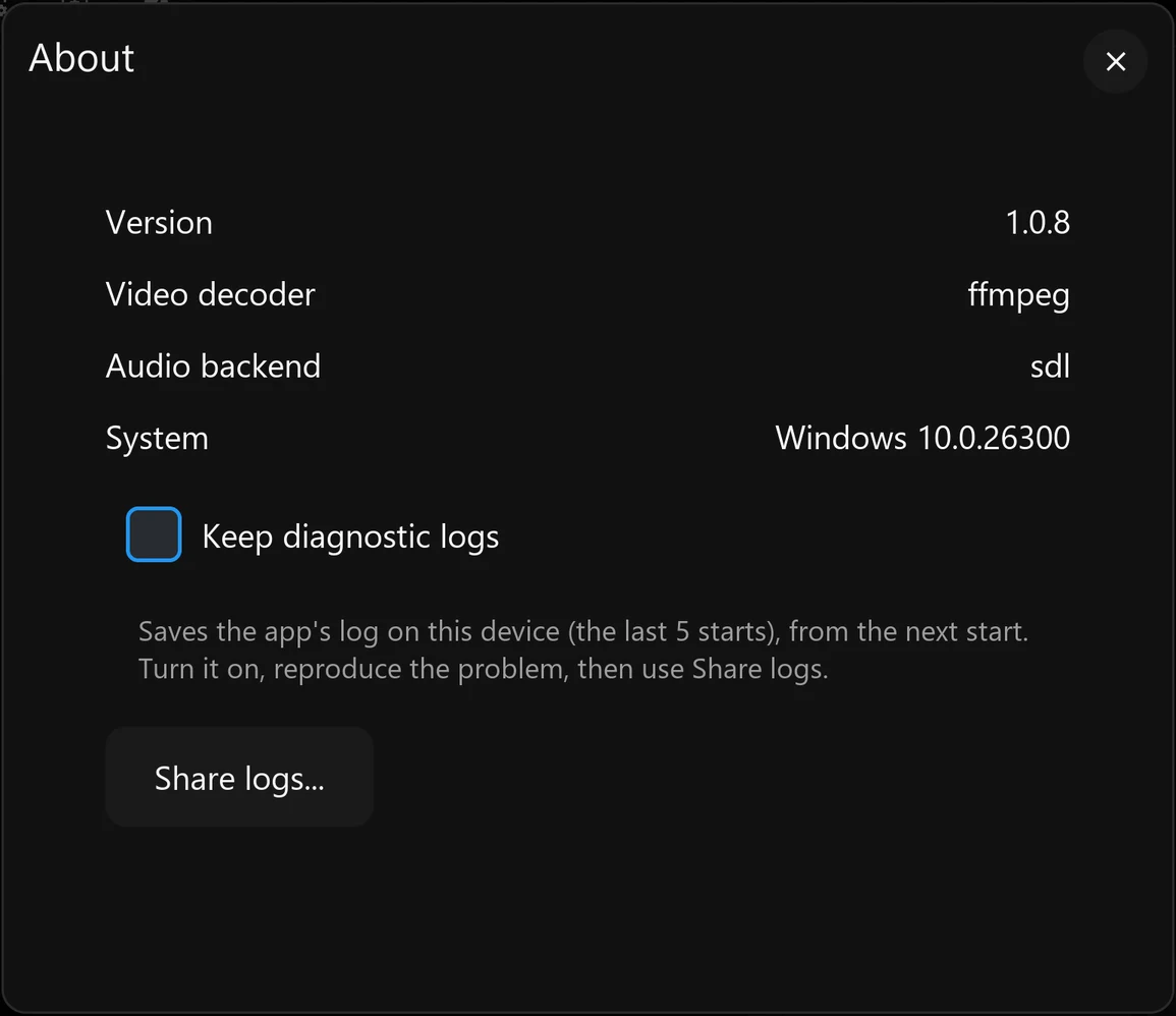 Eclipse About settings: version, video decoder, audio backend and system, the Keep diagnostic logs checkbox and the Share logs button.