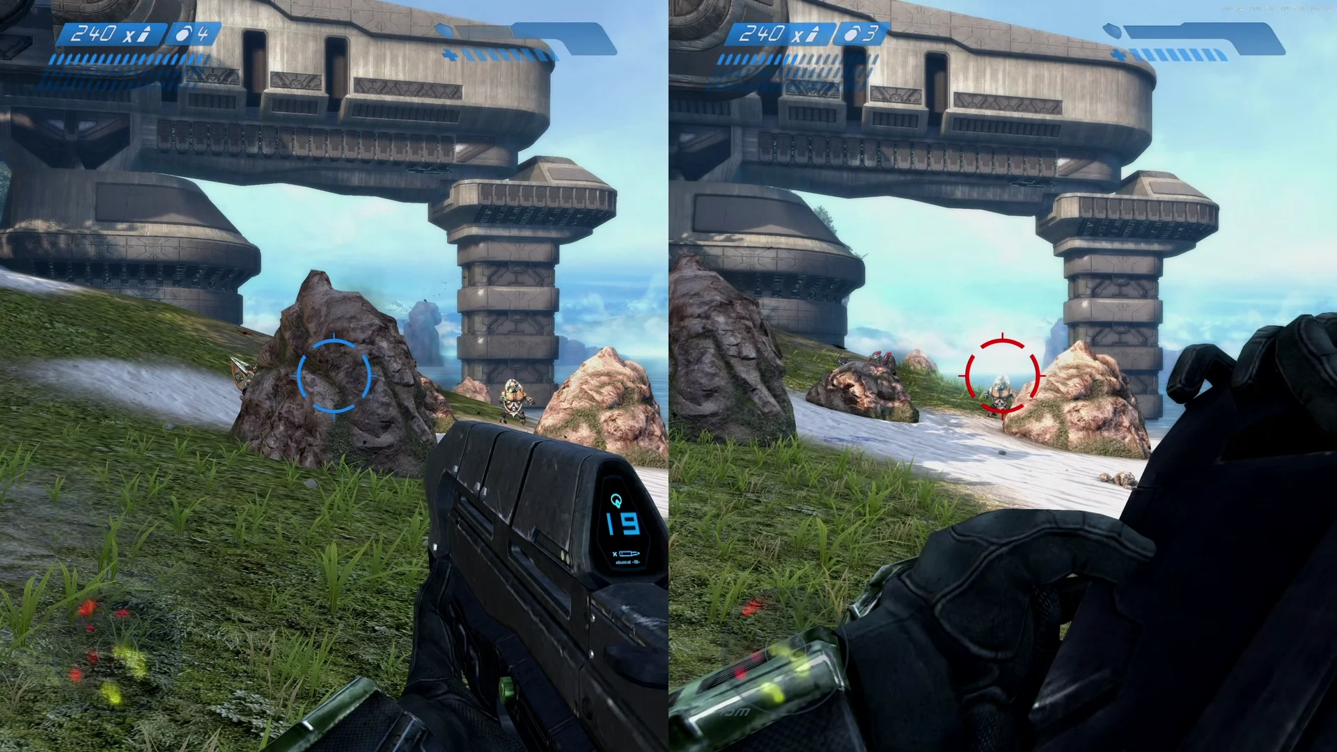 Two Halo players on the island beach, streamed from separate PCs side by side in Eclipse.