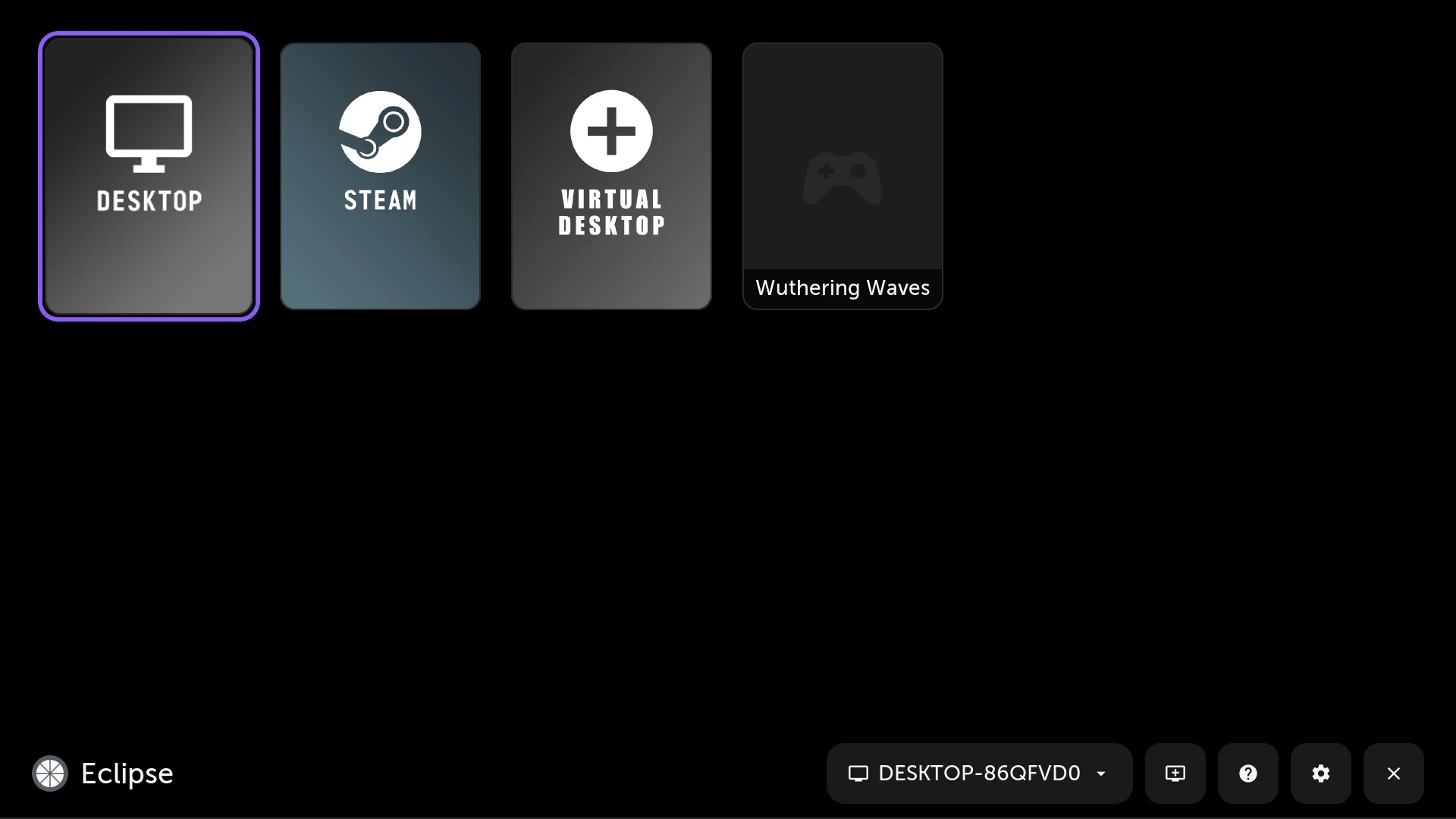 Eclipse running on an LG webOS TV, showing a paired PC’s Desktop, Steam and game entries.