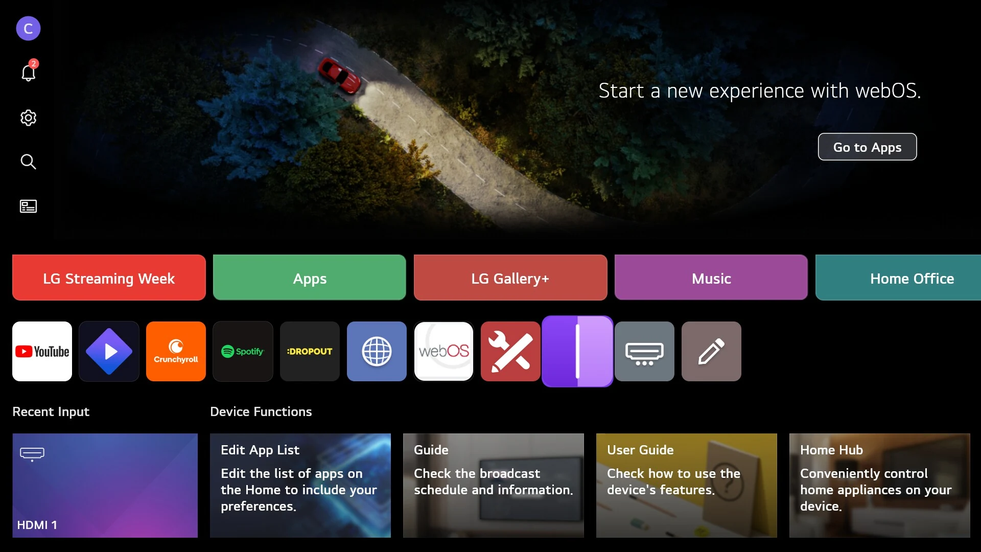 LG webOS home screen with Eclipse’s purple split-screen icon selected in the app row, beside Developer Mode.
