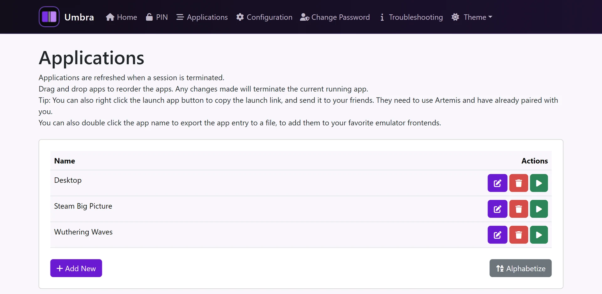 Umbra web interface Applications page listing Desktop, Steam Big Picture and a game, each with edit, delete and launch buttons.