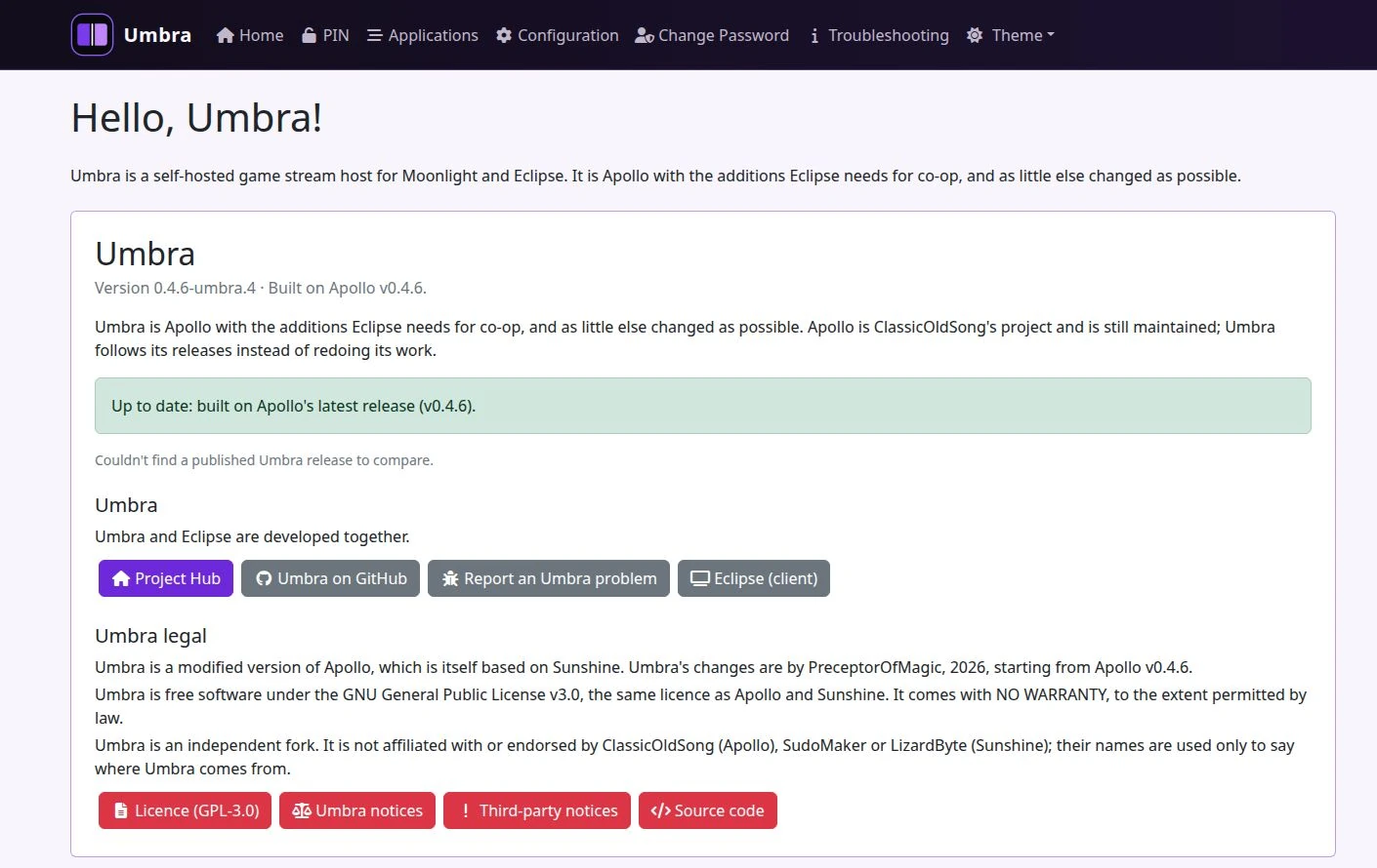 Umbra host web interface showing the installed version, Apollo base and separate update-check results.